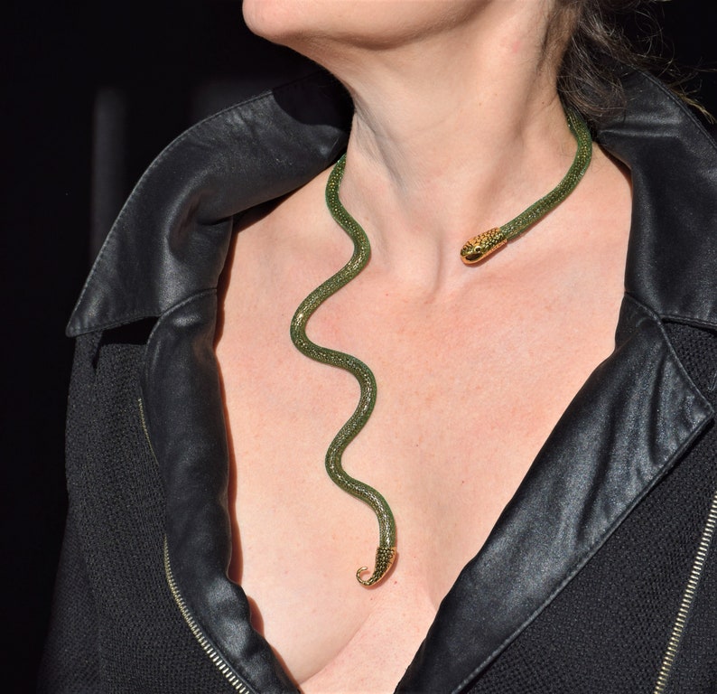 Long snake necklace, Gold serpent choke, Green snake FLEXIBLE, BENDABLE reptile choker, Snake jewelry, Serpent jewellery image 3