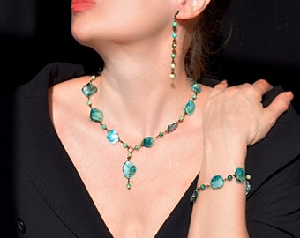 Chunky y lariat gemstone necklace, Set, Real turquoise earrings and bracelet, Birthstone jewelry