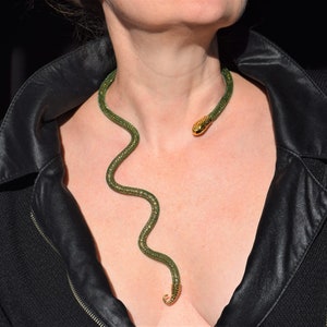 Long snake necklace, Gold serpent choke, Green snake FLEXIBLE, BENDABLE reptile choker, Snake jewelry, Serpent jewellery image 5