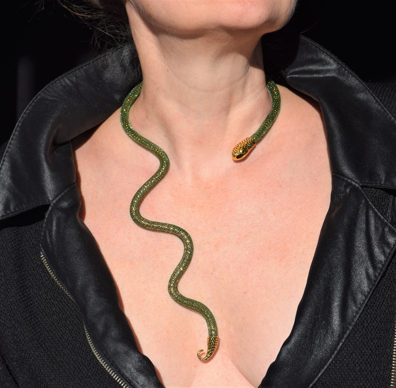 Long snake necklace, Gold serpent choke, Green snake FLEXIBLE, BENDABLE reptile choker, Snake jewelry, Serpent jewellery image 5
