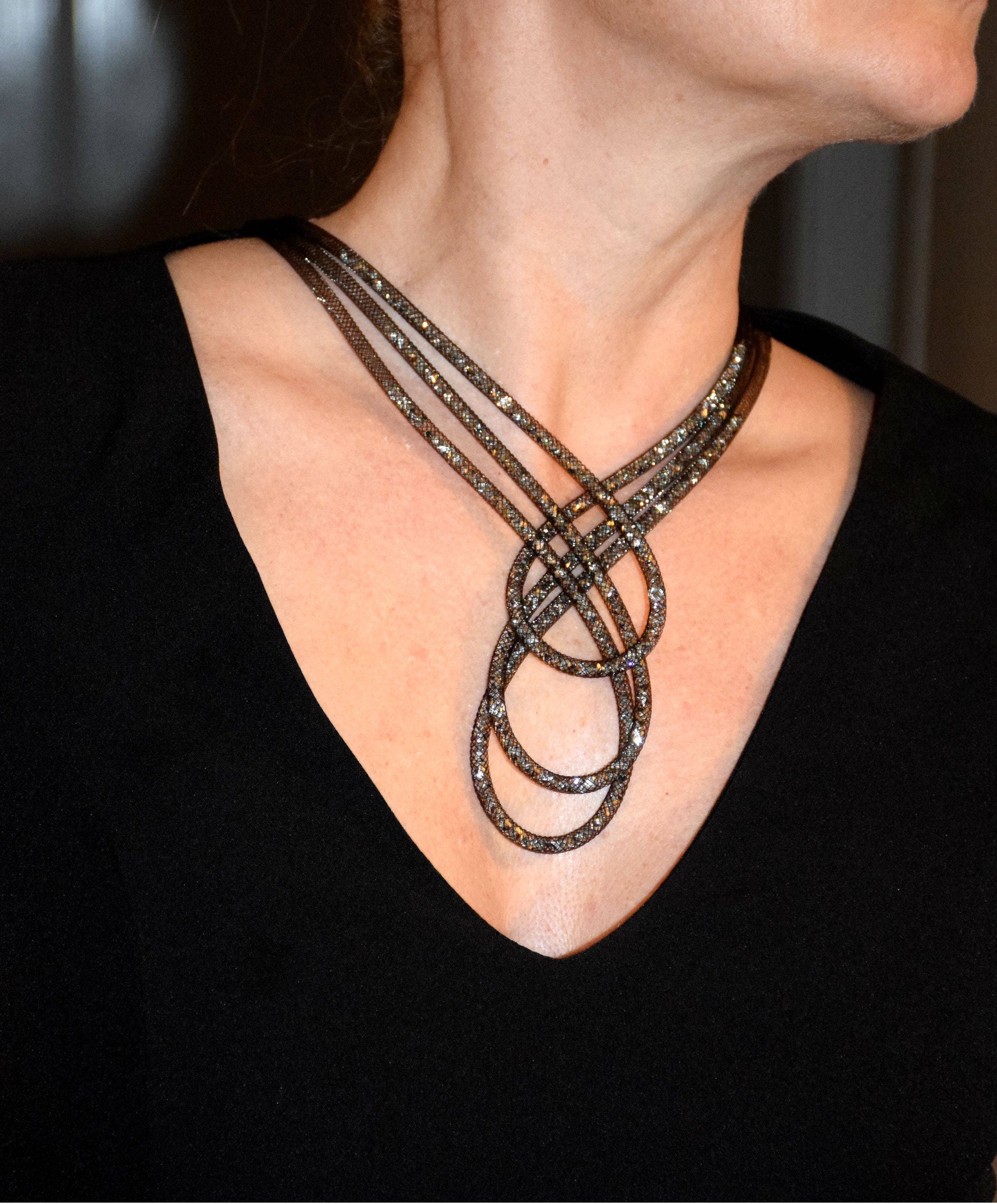 Statement Long Necklace Multistrand Rhinestone Necklace Collar Etsy