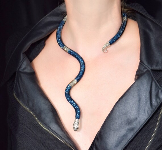 Long Bendable Snake Choker Necklace Blue and Silver Serpent