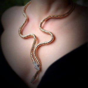 Long gold snake necklace, Bendable serpent necklace, Flexible reptile necklace, Snake jewelry