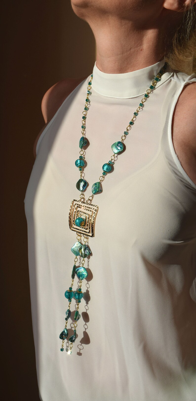 Long turquoise necklace Lariat y necklace gold Chain necklace Chunky Pendant necklace Trending now Grandma necklace 50th anniversary gift