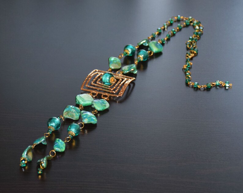 Long turquoise necklace Lariat y necklace gold Chain necklace Chunky Pendant necklace Trending now Grandma necklace 50th anniversary gift