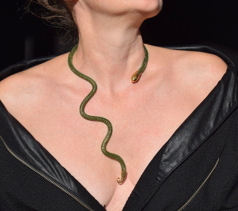 Long snake necklace, Gold serpent choke, Green snake FLEXIBLE, BENDABLE reptile choker, Snake jewelry, Serpent jewellery image 1