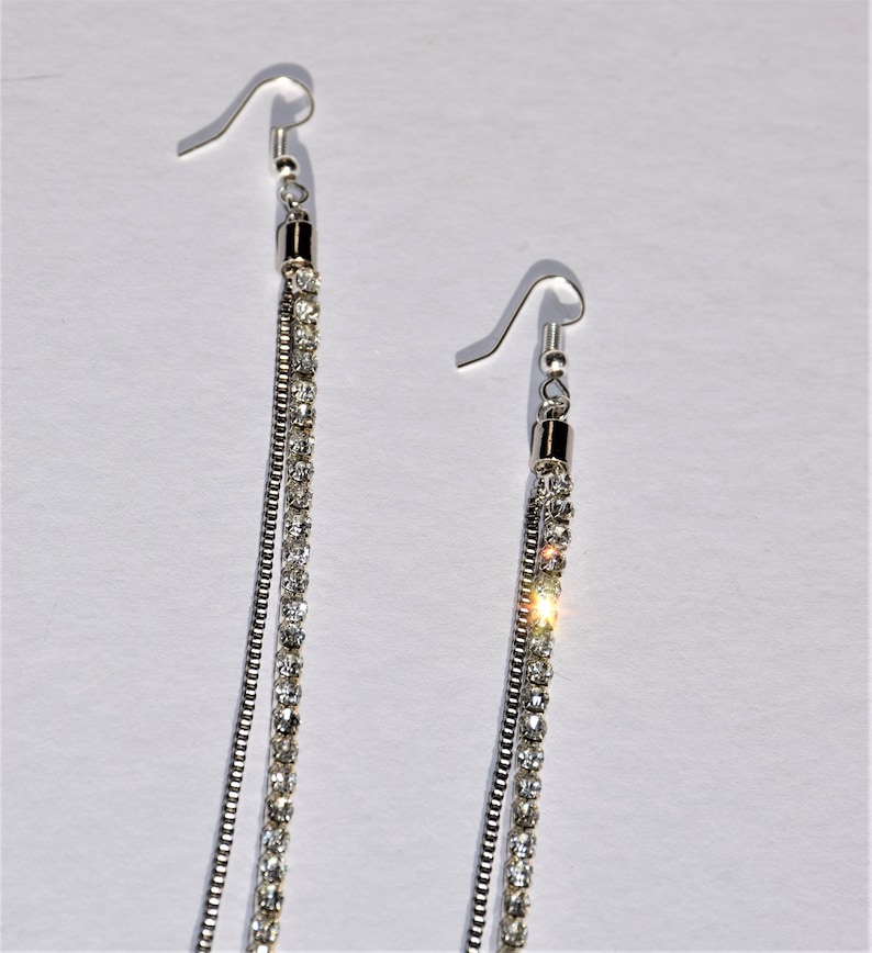 Extra long silver chain earrings, Rhinestone dangle earrings, Shoulder drops earrings, Long tassel earrings, Long bridal earrings image 6