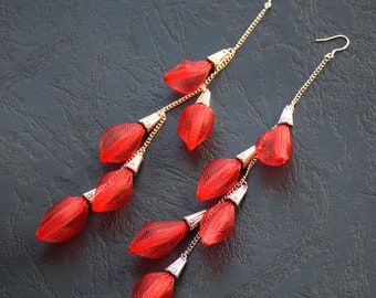 Red extra long large drop earrings, Red Flower Earrings, Long silver chain earrings, Handmade dangle earrings, Statement earrings