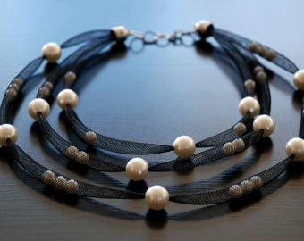 Long beaded chunky rubber necklace, Asymmetric black multi strand necklace, Statement white pearl necklace, Handmade jewelry