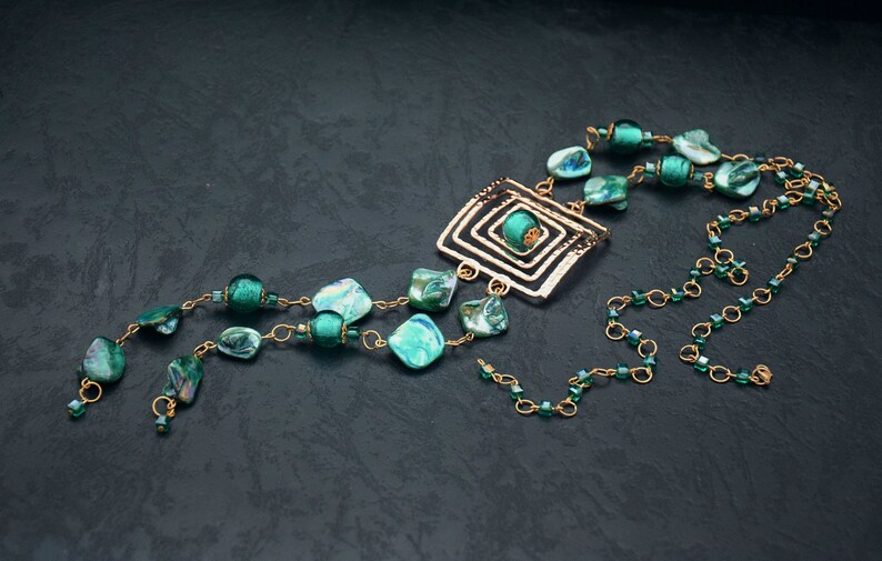 Long turquoise necklace Lariat y necklace gold Chain necklace Chunky Pendant necklace Trending now Grandma necklace 50th anniversary gift