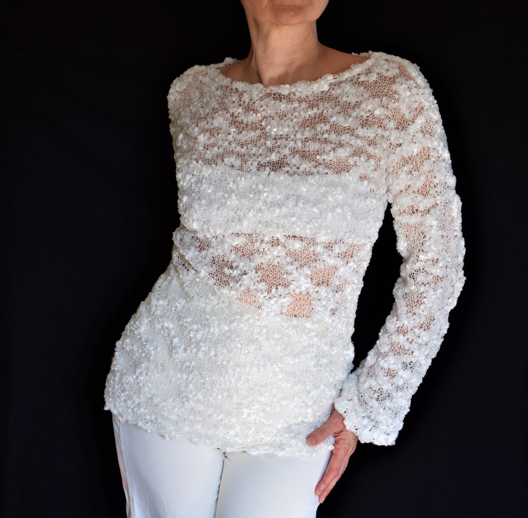 White Knit See Through Tuniс Long Sleeve Sheer Mesh Top Etsy
