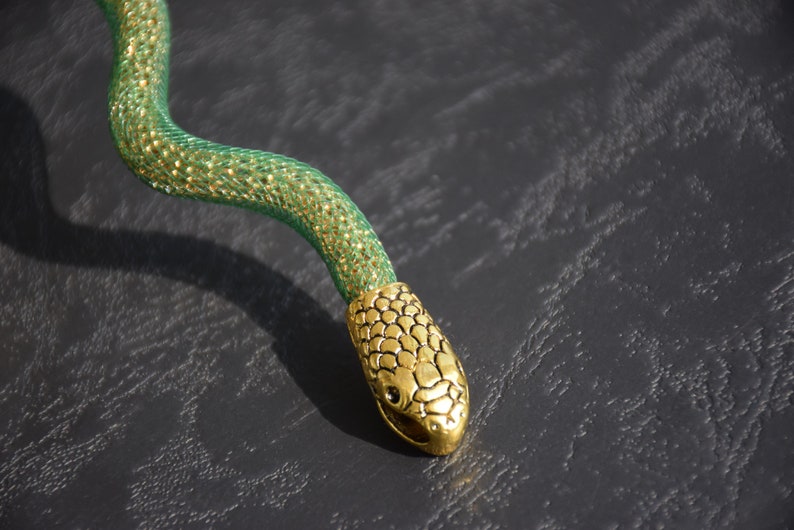 Long snake necklace, Gold serpent choke, Green snake FLEXIBLE, BENDABLE reptile choker, Snake jewelry, Serpent jewellery image 6