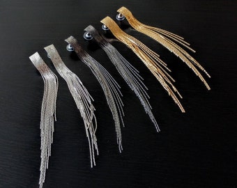 Extra long dangle silver/black gun/gold chain fringe earrings