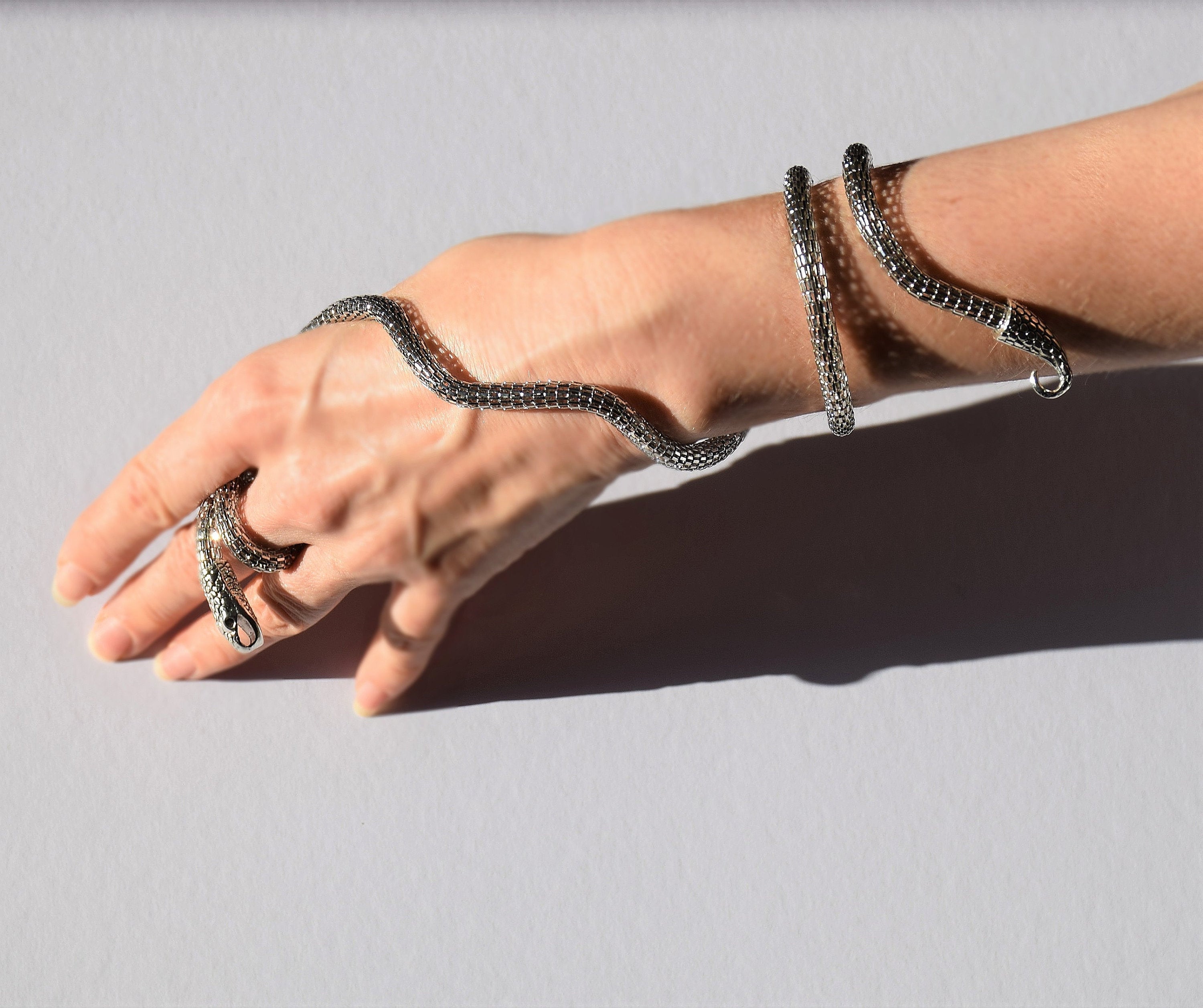 Silver Snake Bracelet, Beaded Snake Bracelet Cuff, Memory Wire Bracelets  for Women, Serpent Bangle 