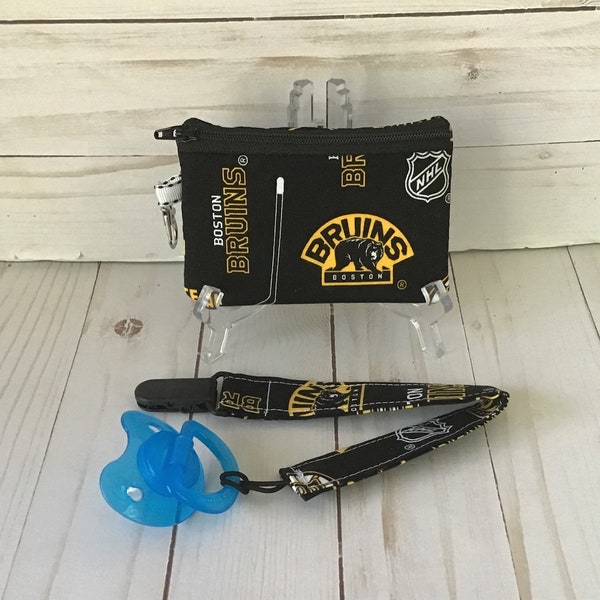 Boston Bruins Baby Pacifier Clip Pacifier Leash and Small Zipper Bag Set Gift Set