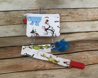 Pacifier Clip Dr. Seuss Pacifier Leash and Small Zipper Bag Set