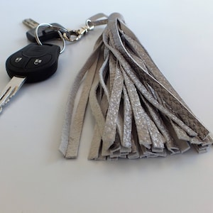 Matt silver Keychain leather Fringe zipper pull Leather tassel keychain Accessories for bag clutch tassel Bag Charm Purse AccessoryGift Idea