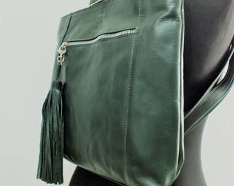 Leather Backpack, Women's Bag, Leather Shoulder Bag, Green Leather Bag, Shoulder Bag, Women's Leather Bag, Tassel Bag Purse, Green Backpack