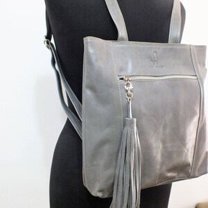 Women Leather Bag, Shoulder Bag, Leather Backpack, Handmade Bag, Leather Backpack Purse, Gray Leather Bag, Tassel Bag Purse, Wonen Backpack image 2