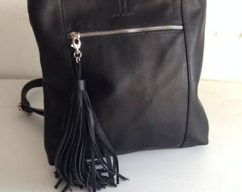Women's Leather Bag, Shoulder Bag,Leather Backpack,Handmade Bag,Leather Backpack Purse, Black Leather Bag,Tassel Bag Purse, Black Bag