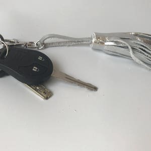 Shiney silver Keychain leather Fringe zipper pull Leather tassel keychain Accessories bag clutch tassel Bag Charm Purse AccessoryGift Idea