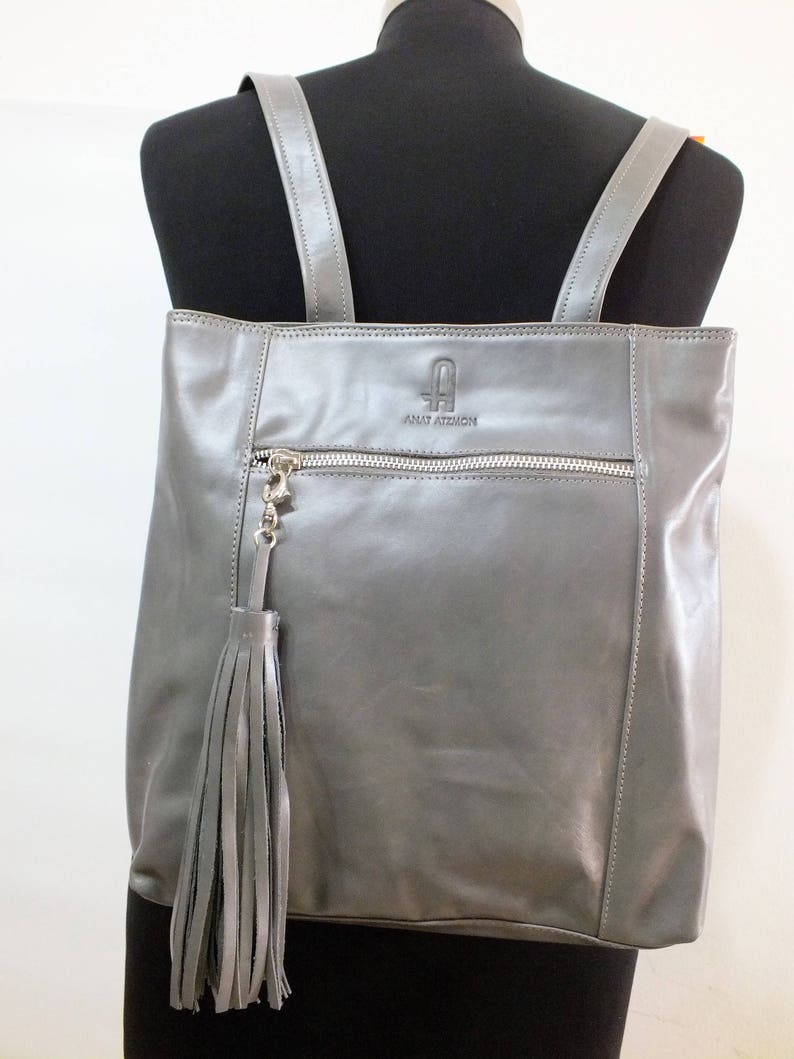 Women Leather Bag, Shoulder Bag, Leather Backpack, Handmade Bag, Leather Backpack Purse, Gray Leather Bag, Tassel Bag Purse, Wonen Backpack image 1