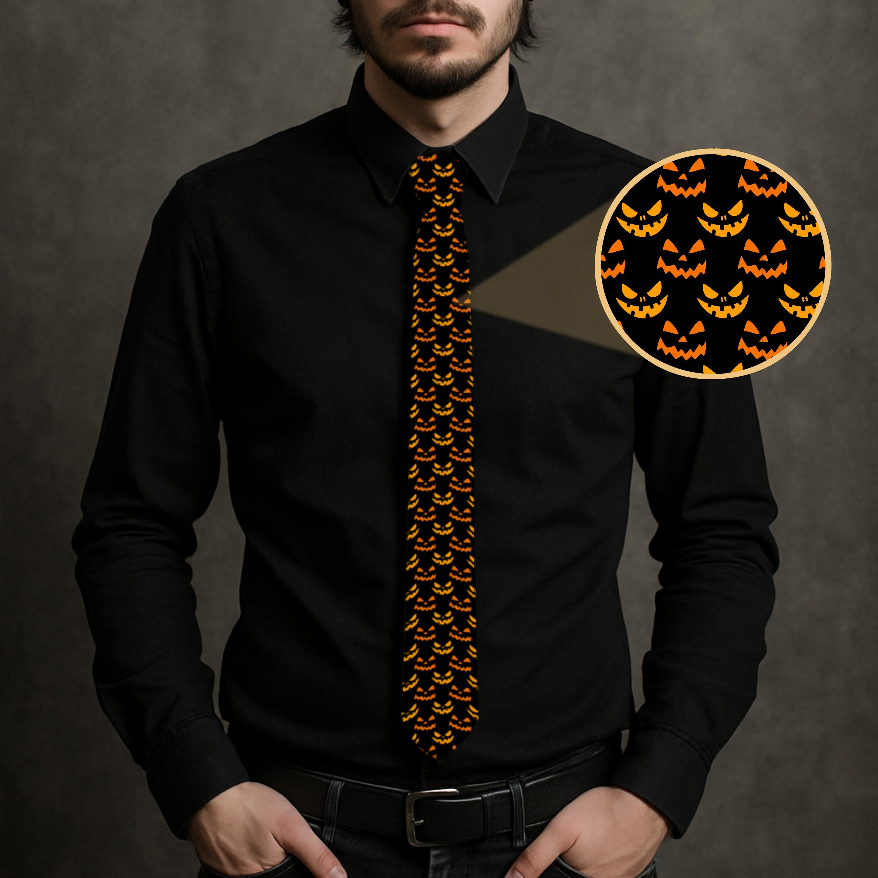 Halloween Pumpkin Tie, Black Necktie with Orange Jack O Lanterns, Spooky Mens Fashion for Costume Parties or Gothic Style