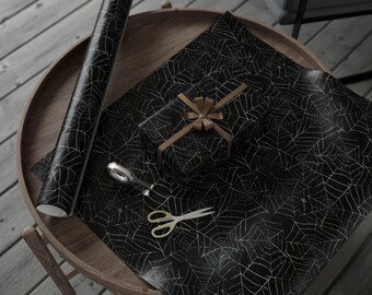 Black Spider Web Wrapping Paper – Gothic Halloween Gift Wrap – Spooky Horror Party Supplies – Creepy Cute Gift Wrap for Goths
