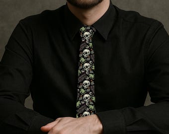 May include: Black necktie with a repeating pattern of white skulls, green eyeballs, and other spooky elements. The tie is worn over a black collared shirt, creating a bold contrast. Perfect for Halloween or adding a unique touch to any outfit.