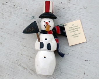 Hand Carved Snowman , Winter Decor, Christmas Decoration, Holiday Decor, Snow man Figure,  Patriotic Snowman , Christmas Tchochke