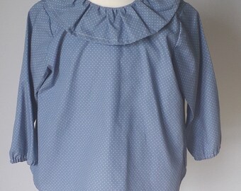 Handmade Denim blue spotted frilled collared top.