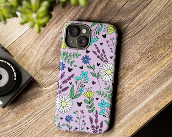 Funda para teléfono, iPhone, con flores silvestres y Mickey escondido