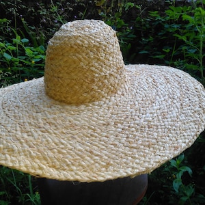 May include: A large, wide-brimmed straw hat with a woven texture. The hat is light brown and has a slightly rounded crown.