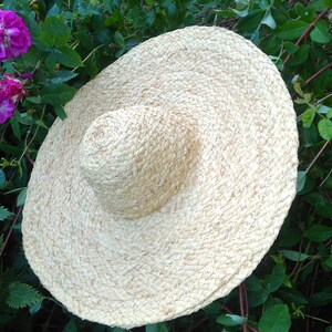 May include: A large, wide-brimmed straw hat with a woven texture. The hat is light beige and is sitting on a bed of green leaves.