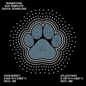 May include: A digital download template for a paw print design made with rhinestones. The design is 9.003 inches wide by 8.692 inches high and uses 485 SS10 rhinestones. The paw print is blue and white.