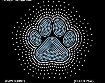 May include: A digital download template for a paw print design made with rhinestones. The design is 9.003 inches wide by 8.692 inches high and uses 485 SS10 rhinestones. The paw print is blue and white.