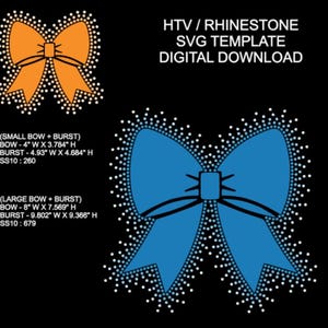 Puede incluir: Descarga digital de plantillas SVG de lazos de pedrería. La imagen presenta dos diseños de lazos: un lazo naranja y un lazo azul, cada uno con un contorno punteado. El texto incluye detalles de tamaño en pulgadas y la frase "HTV / RHINESTONE SVG TEMPLATE DIGITAL DOWNLOAD."