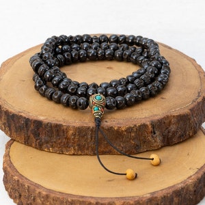 108 Black Baba Mala Skull Prayer Beads, Inlay Tibetan Round Skull Japa Mala, Hand Carved Natural Skull Long Necklace, Buddhist Skulls Chain