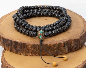 108 Black Baba Mala Skull Prayer Beads, Inlay Tibetan Round Skull Japa Mala, Hand Carved Natural Skull Long Necklace, Buddhist Skulls Chain