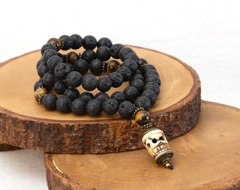 Tibetan Skull Mala Necklace - Men Talisman Long Black Chain - Lucky Skull Lava Stone Necklace - Collare Calavera - Collana Uomo Teschio