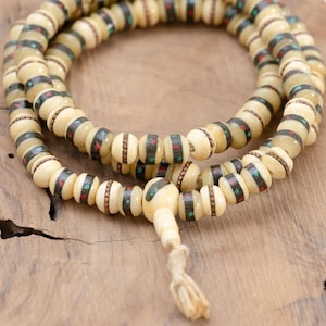 108 BUDDHIST MALA Prayer Beads  - Tibetan Rosary Yak Bone Beads - Traditional Inlay Tibetan Beads Mala Necklace - Long Buddhist Necklace