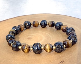 Skull Tiger's Eye Stretch Bracelet, Hand Carved Bone Beads