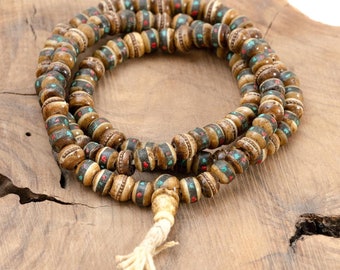 Brown 108 BUDDHIST MALA Prayer Beads, Tibetan Rosary Yak Bone Beads - Traditional Inlay Tibetan Beads Mala Necklace, Long Buddhist Necklace