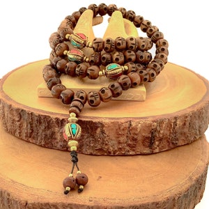 108 Buddhist Long Necklace Skulls - Rounded Hand Carved dark Yak Bone Mala Skull - Inlay Tibetan Beads Bone Skull Necklace -  Skull Chain