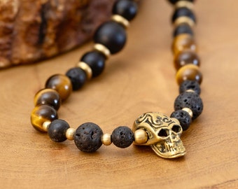 Bohemian Skull Man Necklace - Memento Mori Tiger Eye Skull Chain Mala style - No fear Male Necklace - Black Lava Chain - Unique Piece