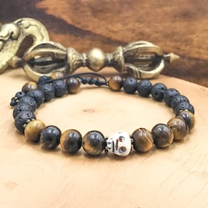 Lucky Skull Bracelet - Rare Hand Carved Skull Wristlet - Tiger Eye Lava Stone Bone Skull Bracelet - Tribal Amulet - Pulsera Calavera Hueso