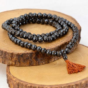 108 Black Skull Prayer Mala Tassel - Rounded Hand Carved Natural Yak Bone - Japa Mala Genuine Dye Bone Skull - Tassel Long Necklace Chain