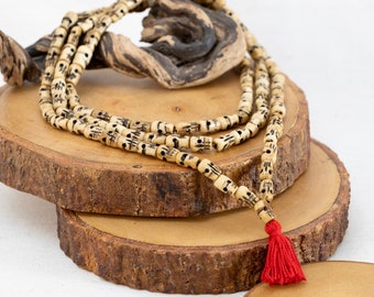 108 Skull Mala Prayer Beads, Natural Dyed Yak Bone Skull Japa Mala, Hand Carved Skull Tassel Long Necklace, Buddhist Skulls Tassel Chain