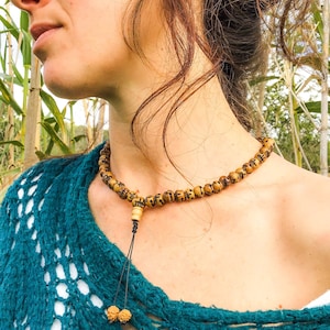 Short KALI MALA Sacred Skull Prayer Beads, Hand Carved Natural Round Skull Necklace Inlay Tibetan Guru Skull Japa Mala, Buddhist Chain