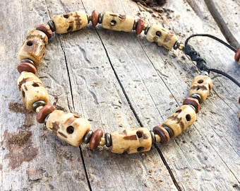 Natural Bone Skull Tibetan Bracelet - Brown Yak Bone Skull Shamanic Bracelet - Hand Carved Bone Skull Wristlet - Tribal Skull Bracelet